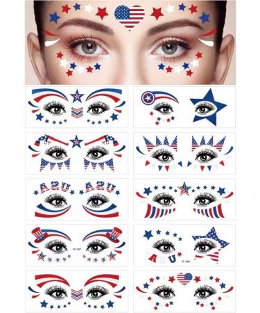 Independence Day facial tattoo stickers  American flag red  white  blue design  American body art  patriotic stickers  Labor Day anniversary decoration  party supplies  flags  10 pieces