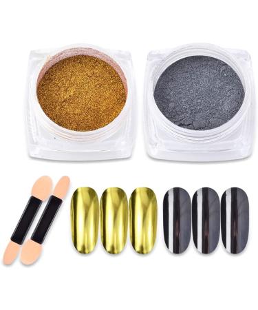 Black Mirror Powder Metallic Chrome Powder Set - Gold & Black Nail Art Glitter Pigment Dust with Sponge Applicators - Buy Online on GoSupps.com