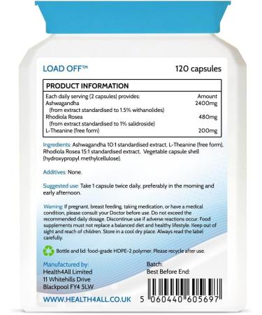 Health4All Load Off Adaptogen Complex 120 Capsules - Anxiety & Stress Support Supplement with Ashwagandha, Rhodiola & L-Theanine - Vegan Friendly - 120 Count - Buy Online on GoSupps.com