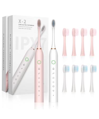 2 Pack Sonic Electric Toothbrush for Adults and Kids, Rechargeable Electric Toothbrushe with 8 Brush Heads, 6 Modes, 2 Minutes Smart Timer, 4 Hours Fast Charge for 45 Days(White-Black) White-pink
