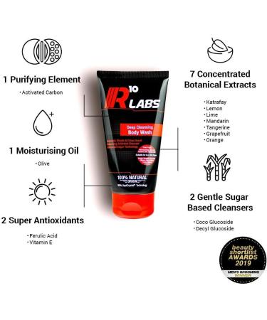 R10 Labs Deep Cleansing Body Wash - 100% Natural Activated Charcoal Cleanser for Men - Formulated with Advanced Sugar Technology - 175ml - Buy Online on GoSupps.com