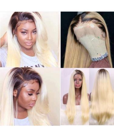Ombre Lace Front Wig Blonde Human Hair Dark Roots Silky Straight 16inches 150% Density Brazilian Virgin Hair 13x4 Upgrade Deep Part #1b/613 Blonde Glueless Ombre Human Hair Wigs for Women 16 Inch (Pack of 1) 1B/613 Straigh…
