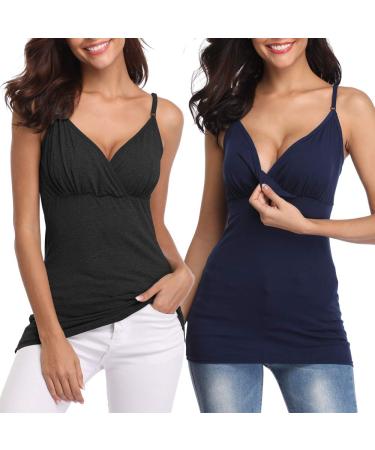 Joweechy Nursing Tank Top V Neckline Breastfeeding Tops Comfy Pregnancy Maternity Clothes S Black/Navy(2pcs)