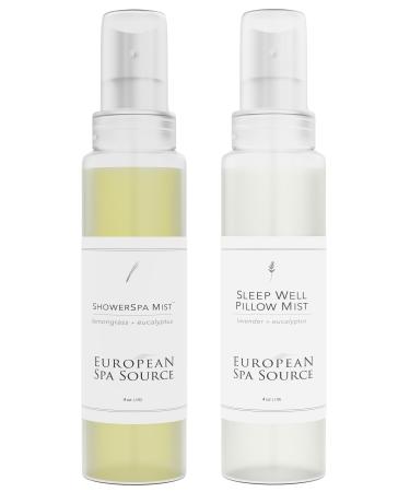 European Spa Source Lemongrass + Eucalyptus ShowerSpa Mist & Lavender + Eucalyptus Pillow Mist Sprays Bundle for Aromatherapy at Home Spa Experience and Tension Relief 4 fl oz. (Each)