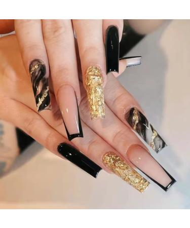 RUNRAYAY Black Marble French Tip Press On Nails Long with Gold Foil Fack Nails for Girls Acrylic Nude Nail Press On for Women and Girls 24Pcs