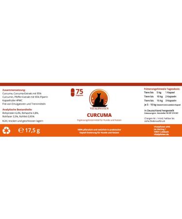 Vital Paws 3x75 Capsules Curcuma for Dogs & Cats - Premium Curcumin & Piperine Supplement Made in Germany High Purity & Quality - Buy Online on GoSupps.com