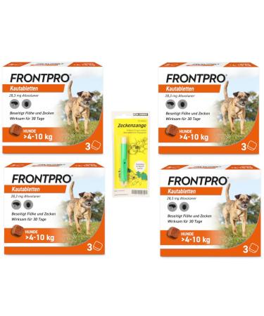FRONTPRO Chewable Tablets for Dogs 4-10 kg 12-Month Set for Protection against Ticks and Fleas with Tick Tweezers: Protects for up to 12 months