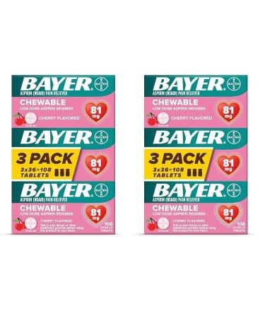 Bayer Aspirin Low Dose 81 mg Chewable Tablets Pain Reliever Cherry Flavored 216 Tablets (6 Pack)