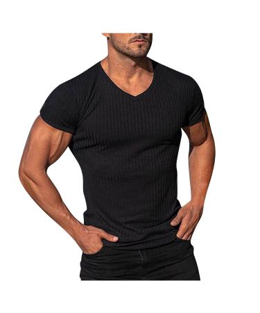 Men's Ribbed Knit Tops Comfort Flex Shirt Beach Yoga Casual Summer Shirts Soft Fitted Tees Slim Fit V-Neck Shirt 4X-Large Black