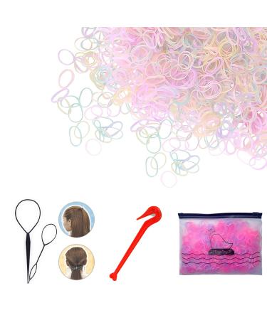 1500PCS Small Hair Ties Mini Plastic Elastics Rubber Bands No Damage & 3 Hair Styling Tools Ponytail Holders Remover Comb Bun Maker French Braid Accessories for Women Toddlers Girls Kids Colorful Pink