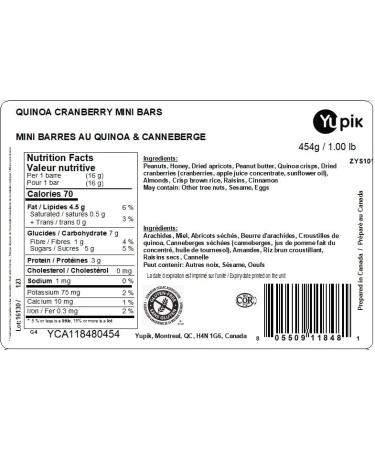 Yupik Quinoa Cranberry Mini Bars 454 g Individually Wrapped Healthy Snack Nut Bars Crunch Bars Gluten-Free with Peanuts Honey Quinoa Crisps Cranberry Apricots Peanut Butter Snack On the Go - Buy Online on GoSupps.com