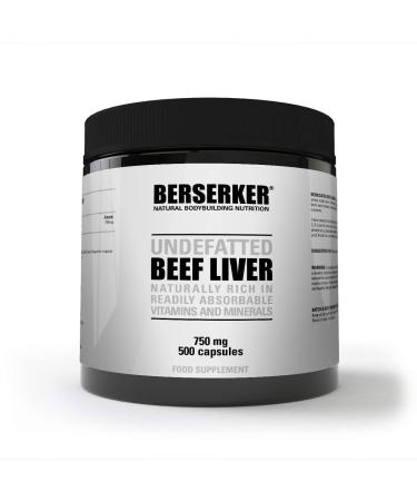 Berserker Desiccated Beef Liver 750mg 500 Capsules Un-defatted Meaning Full Absorption of Naturally Occurring Vitamins and Minerals Found in Beef Liver. Made in The UK. 500 Count (Pack of 1)