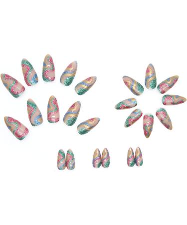 Justotry 24 Pcs Short Glitter Swirl Oval Press on False Nails with Nail Glue - Almond French Stick on Nails for Women - Wavy Green3 Design - Buy Online on GoSupps.com