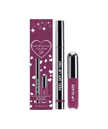 G n rique Peel-Off Lip Tint with Gloss - Nourishing Anti-Stain Plumping Effect - Long-Lasting Lightweight Easy to Apply - Purplish Red - 2-in-1 Set (7ml)