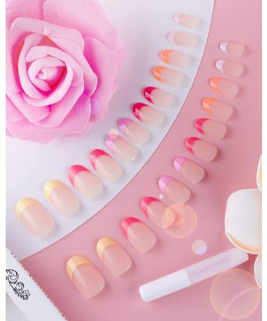 Justotry 24 PCs Rainbow French Nails - Press-On Oval & Almond Fake Nails with Glue | Medium Nail Art for Women - Buy Online on GoSupps.com
