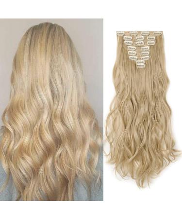 Silk-co Hairpiece Extensions Clip in Hair Extension Long Curly Wavy 8 Pcs Full Head 18 Clips Synthetic Heat Resistant 17 inch Golden&Bleach Blond 17 Inch Curly #Golden&Bleach Blond