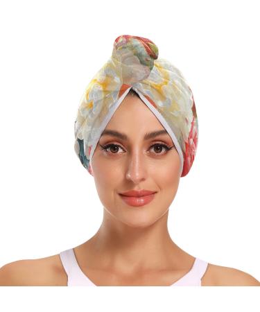 Peony Flower Butterfly Hair Towel 2 Pack Super Absorbent Hair Drying Towel Quick Dry Hair Turbans Head Towel with Button Twisty Wrap for Women Girls