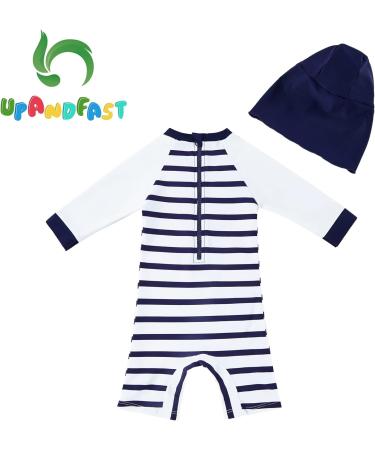 UPF 50+ Baby Boy One Piece Swimsuit with Sun Hat | 18-24 Months Navy Stripe | UPFandfast Infant Toddler Bathing Suit - Buy Online on GoSupps.com