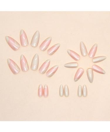 24Pcs Almond French Press on Yellow Glossy Acrylic Fake Nails - Full Cover Stick on False Nails with Waves Designs for Women and Girls - Buy Online on GoSupps.com