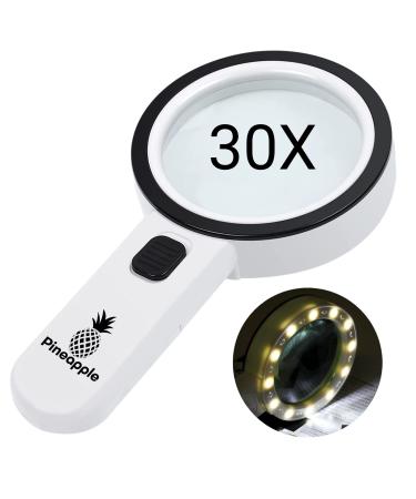 Pineapple LLC Magnifying Glass with Light, 30X Handheld Large Magnifying Glass, Lighted Magnifier with 12 LED Lights for Reading, Macular Degeneration, Seniors, Gifts for Elderly, White