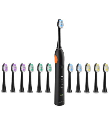SimpliSonic Ultrasonic Rechargeable Electric Toothbrush Premium Package w/ 12 Heads (Black)