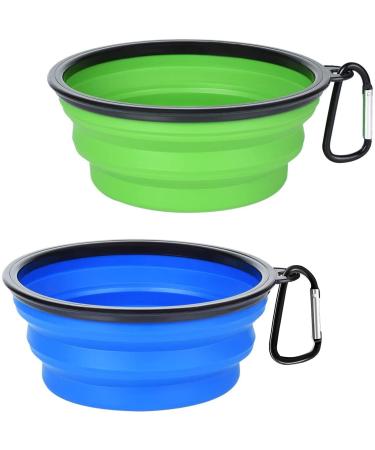 Petbonus Dog bowls foldable dog bowl 2 pieces of silicone water bowl for dogs on the way portable leak -proof travel bobs with carabiners for dogs for water and food (blue green) 1000ml blue and green