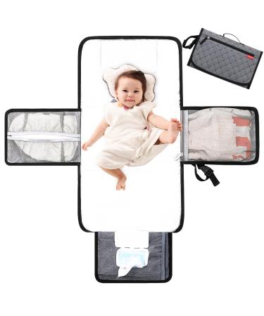 Lekebaby Portable Nappy Changing Mat Travel Baby Change Mat with Wipe-Pocket and Head Cushion Diamond Quilting Grey