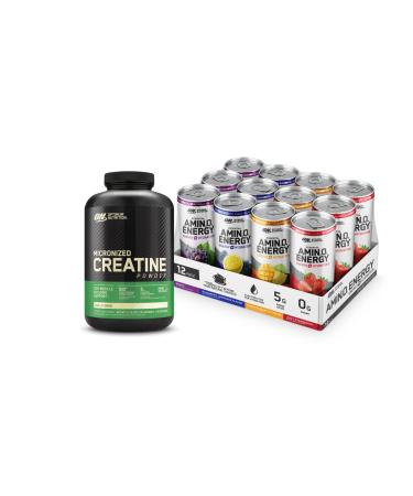 Optimum Nutrition Bundle: Micronized Creatine Monohydrate Powder Unflavored 120 Servings + Amino Energy Sparkling Hydration Drink Electrolytes Caffeine BCAA 12 Fl Oz Variety Pack of 12