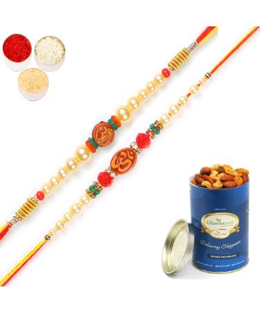 Ghasitaram Gifts Rakhi for Brother Rakhis Online - Set of 2 6135 6276 Om Pearl Rakhi Threads with 100 GMS of Dryfruits Mix Can
