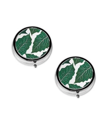 Cute Green Palm Leaves Printed Mini Round Pill Box Pill Box 3 Compartment Medicine Pill Case Pill Organizer Travel Pillbox Portable Pill Box for Pocket Home Office Use