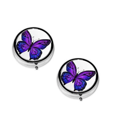 Purple Butterfly Printed Printed Mini Round Pill Box Pill Box 3 Compartment Medicine Pill Case Pill Organizer Travel Pillbox Portable Pill Box for Pocket Home Office Use
