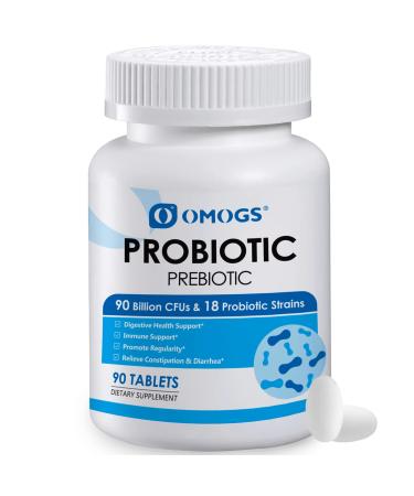 OMOGS Probiotics 90 Billion CFUs 18 Strains,with 3 Organic Prebiotic, Probiotics Supplement for Women,Men & Kids,Support Metabolism,Immunity and Digestive Health,Non-GMO & Gluten Free,90 Tablets