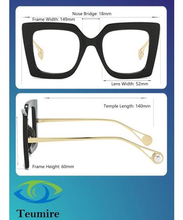 Stylish Oversized Square Blue Light Blocking Glasses for Women | Thick Pearl Inlay Arms | A1 Black 52mm Eyewear - Buy Online on GoSupps.com