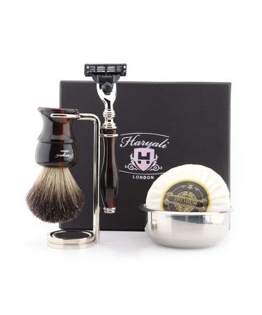 Haryali London 5-part shaving set for men razor plane with 3 razor blades made of pure black roof hair brush stand soap and bowl