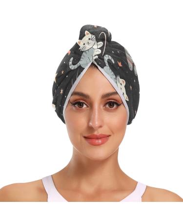 Various Astronaut Cats Hair Towel 2 Pack Super Absorbent Hair Drying Towel Quick Dry Hair Turbans Head Towel with Button Twisty Wrap for Women Girls