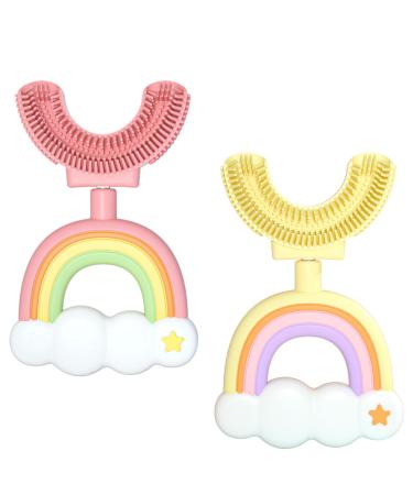 2 Pack Toddler Toothbrush for Age 2-6 Years ,Kids Toothbrushes for 1-7 Years Children, U-Shape Extra Soft Toothbrush for Children by RAXIFU (Rainbow Yellow-Pink