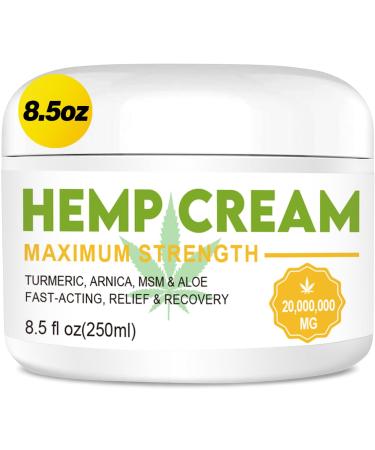 Natural Hemp Cream with Arnica MSM Turmeric Emu Oil Menthol Aloe - Hemp Cream Maximum Strength for Discomfort in Muscle Back HIPS Joints Knees Elbows - 8.5 fl oz