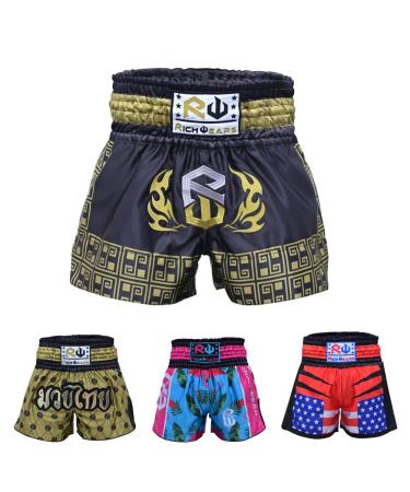 RICHWEARS USA Thai Shorts for Muay Thai, Martial Arts Trunks for Grappling Gym Exercises Black Small