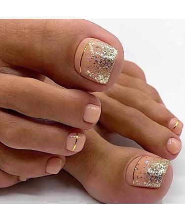 Nude Press on Toenails Glitter Fake Toe Nails with Gold Lines Design Acrylic Glue on Toenails for Women Girls Full Cover Artificial False Stick on Toe Nail for Daily Wear Wedding 24Pcs Nude with Gold Lines A01