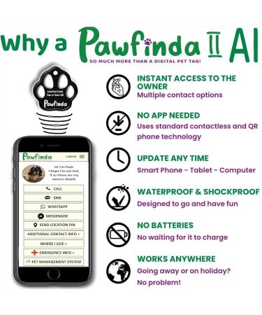 Pawfinda II AI Next Gen AI Digital Personalised Cat Dog Pet Engraved ID Tag with CONTACTLESS NFC and QR Code Technology Now with PawVoice AI. UK Developed Designed and Supported. Flash Paw - Buy Online on GoSupps.com