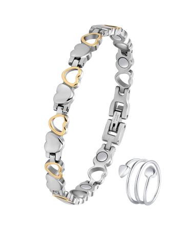 Jecanori Titanium Steel Magnetic Bracelets for Women Women Magnetic Wristband and Magnetic Rings with Ultra Strength Magnets Brazaletes with Removal Tool and Jewelry Gift Box B-silver-gold