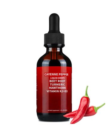 Cayenne Pepper Drops Cayenne Pepper Hawthorn Beet Root Turmeric Curcumin Vitamin K2 & D3 Cayenne Health Supplements Gentle Formula Vegan-Friendly Easily Absorbed - 60ml 2.02 Fl Oz (Pack of 1)