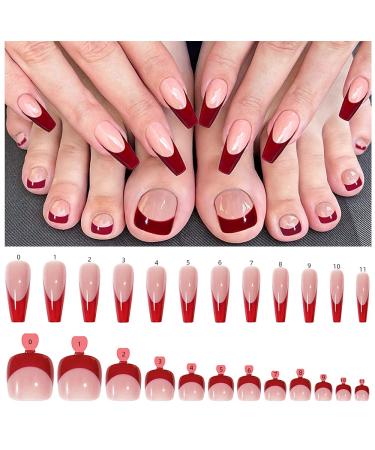 48 Pcs Press on Nails and Toenails Set French Tip Square Fake Nail Toenails White Pink Medium Coffin Glossy False Nails Feet with Adhesive Jelly glue Nail File for Women and Girls (Red French Tip)