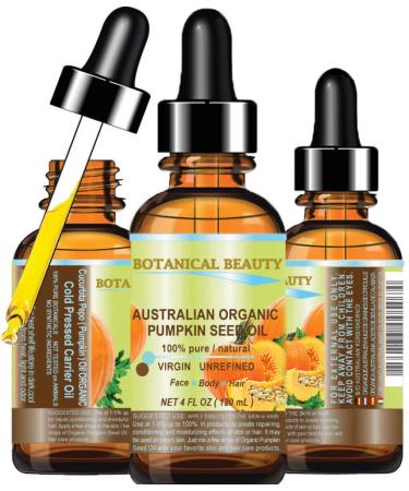 Botanical Beauty Australian ORGANIC PUMPKIN SEED OIL Pure Natural Virgin Unrefined Cold Pressed Carrier Oil. 4 Fl.oz.- 120 ml. for Face Skin Hair Lip Nails