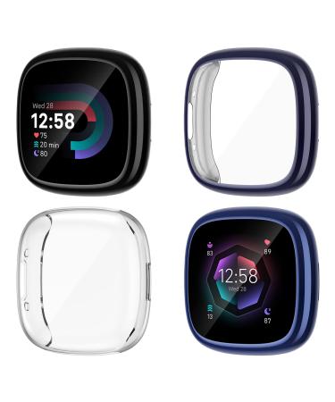 NANW 4-Pack Screen Protector Case Compatible with Fitbit Sense 2/Versa 4 Soft TPU Plated Bumper Full Cover Protective Cases for Versa 4/Sense 2 Smartwatch Scratch-Proof Black/Charcoal/Blue/Clear