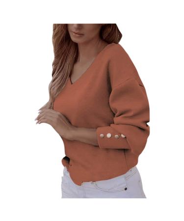 MmNote Women's Casual Long Sleeve T Shirt Solid Soft V-Neck Tee Simple Tops Loose Blouse XX-Large Orange