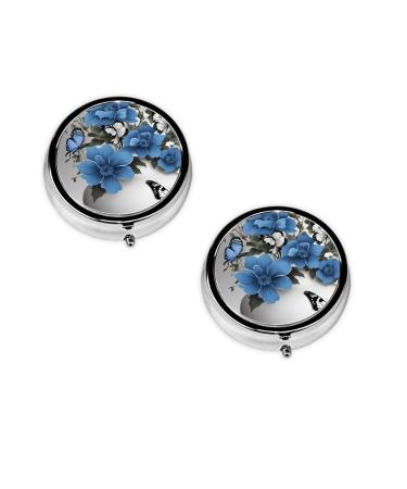 (Gray Teal Flower Butterfly) Round Pill Box 3 Compartment Pill Box Mini Decorative Pocket Purse Portable Travel Medicine Tablet Vitamin Holder Organizer Pill Case