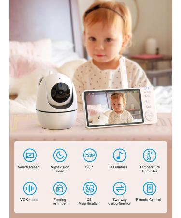 Vsifehso Babyphone with Camera - 5 Baby Monitor 720p Two-Way Audio Night Vision Temperature Monitoring Lullaby Alarm - International Shipping Available - Buy Online on GoSupps.com