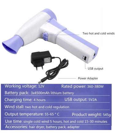 Cordless Hair Dryer Rechargeable Portable Blow Dryer with Hot Air and Cold Air Suitable for Indoor Travel Camping Painting - Buy Online on GoSupps.com