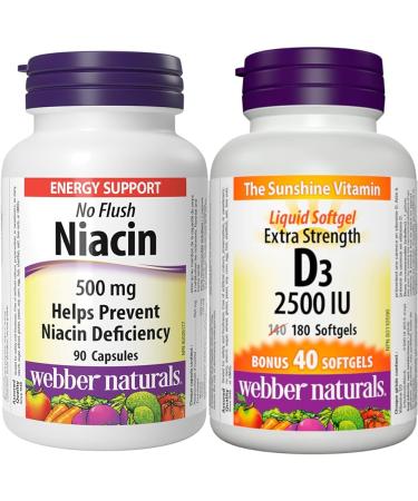 Webber Naturals Niacin 500 mg 90 Capsules No Flush Vitamin B3 Supplement & Vitamin D3 2500 IU Extra Strength 180 Softgels For Healthy Bones Teeth
